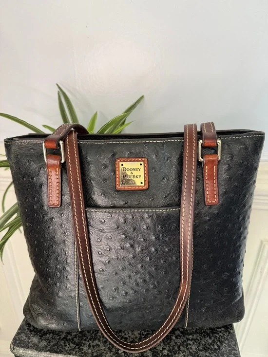 Dooney & Bourke Lexington Black Ostrich Style Leather Brown Trim Tote Bag - Picture 1 of 13